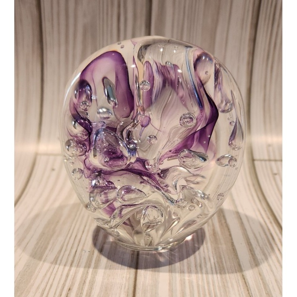 Eric Slawson Hand Blown Signed Paperweight W/A Purple Design And Clear Bubbles